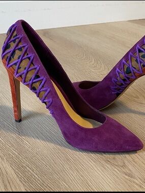 Brian Atwood Oriole Suede Lace-Up Pumps Purple Multicolor Fur Trim Stilettos